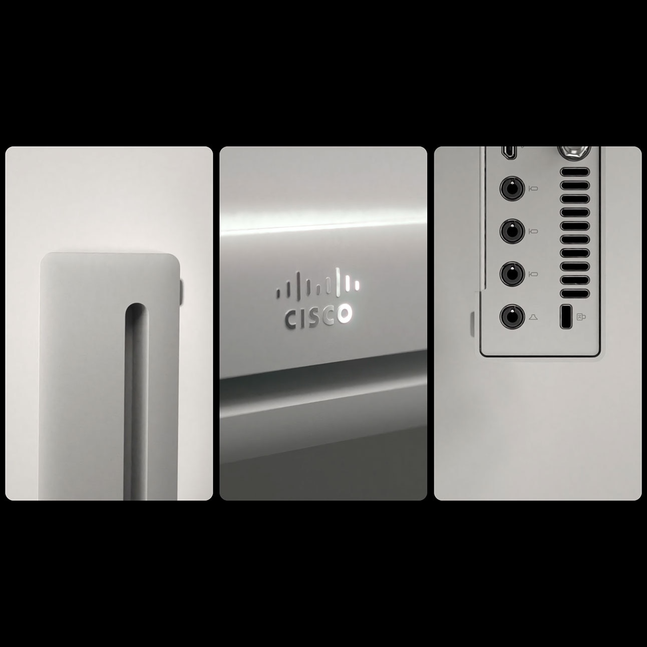 Three product detail images showing various angles of the Cisco Codec EQ including the Cisco logo and device inputs.